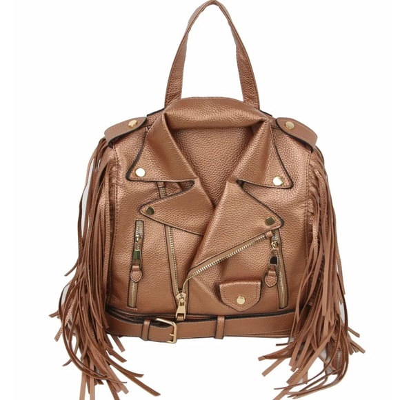 Handbags - Fringed Bronze/ Copper- Color Vegan Faux Leather Motorcycle Jacket Backpack